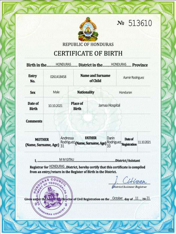 Download Honduras vital record birth certificate PSD Photoshop template